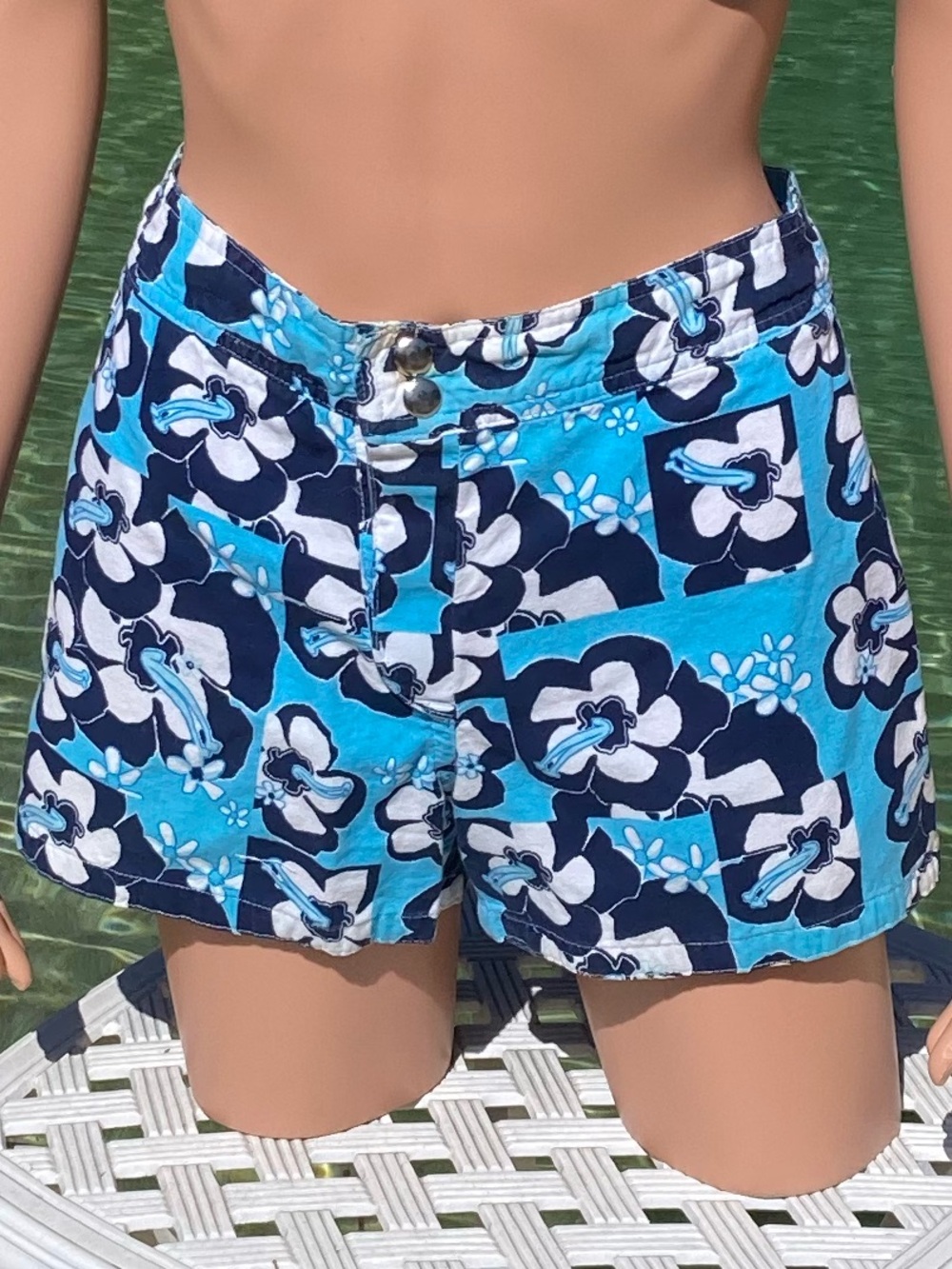 Hand Crafted Hawaiian Board Shorts Lined Blue Hibiscus